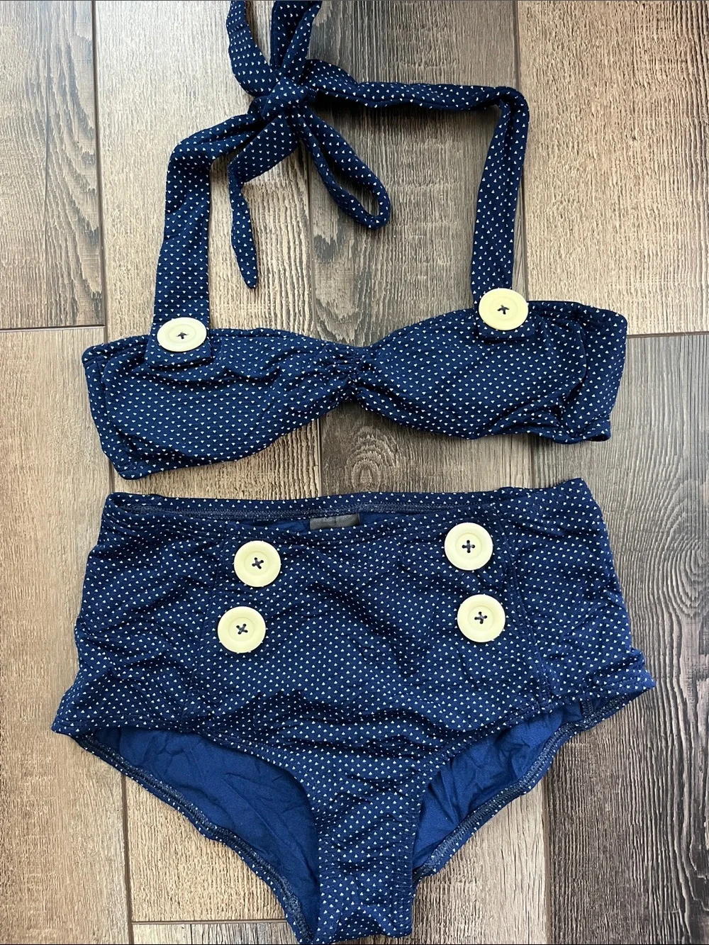 Polka Dot Vintage Style Navy High Waisted Bikini with Buttons & Retro Halter Top